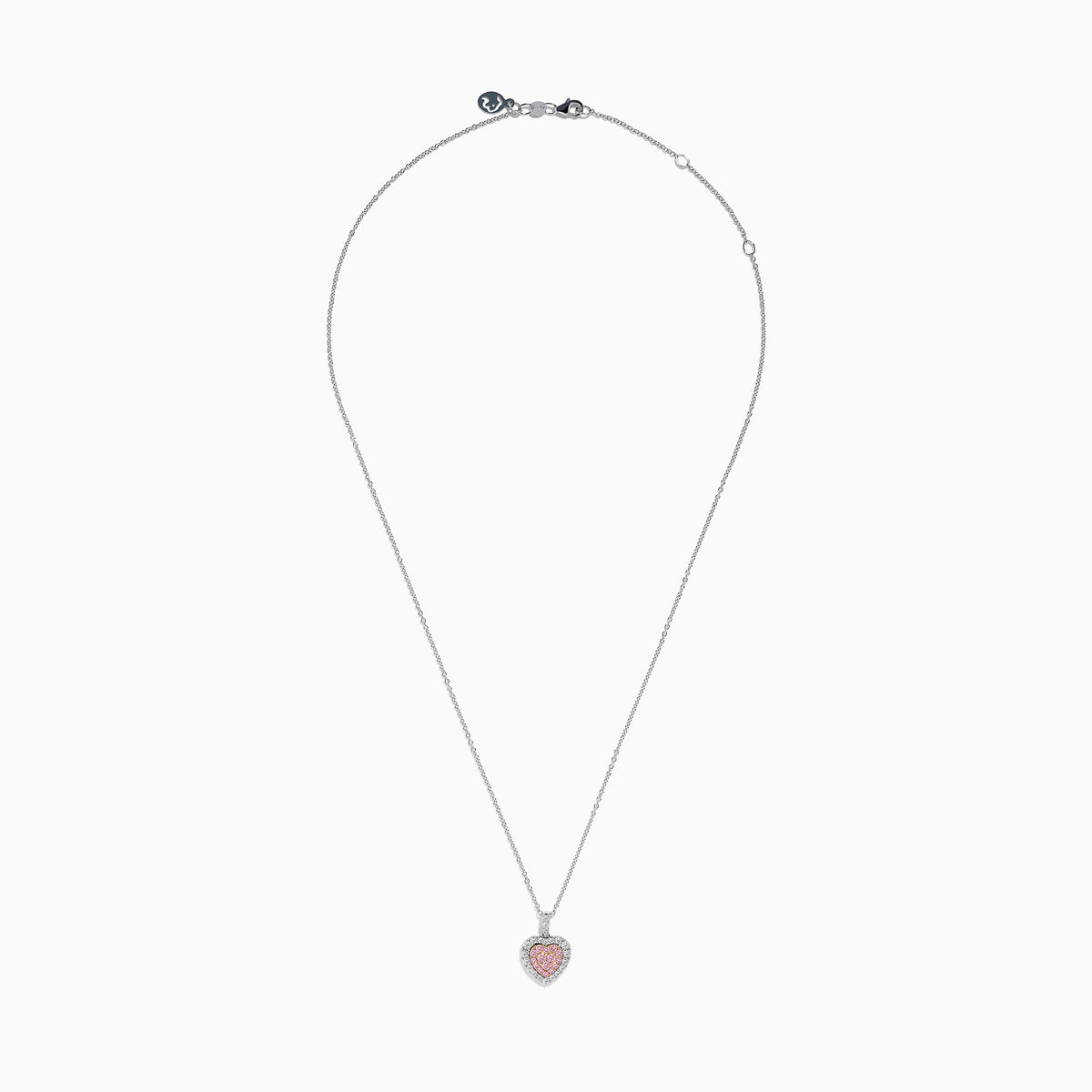 The 18K Two Tone Gold Pink and White Diamond Heart Pendant features sparkling pink center stones bordered by clear diamonds, creating a dazzling accessory perfect for any occasion.