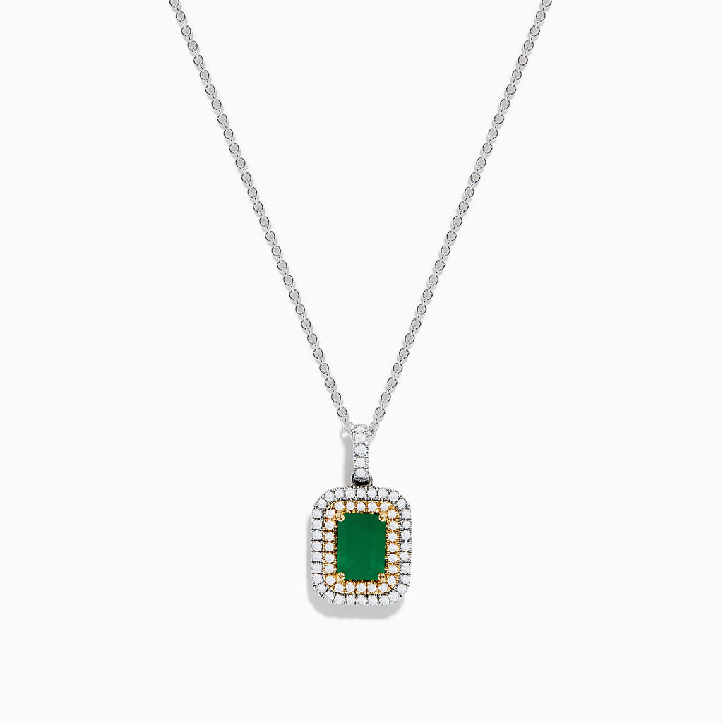 The Brasilica 14K White & Yellow Gold Emerald and Diamond Pendant features a silver chain, a rectangular emerald framed by two rows of white diamonds, and 14K white and yellow gold accents around the stone.