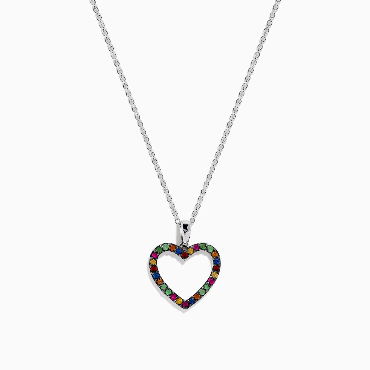 The Watercolors 925 Sterling Silver Heart Pendant features multi sapphires and tsavorite accents, crafted in an open heart design, displayed on a plain white background.