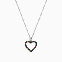The Watercolors 925 Sterling Silver Heart Pendant features multi sapphires and tsavorite accents, crafted in an open heart design, displayed on a plain white background.