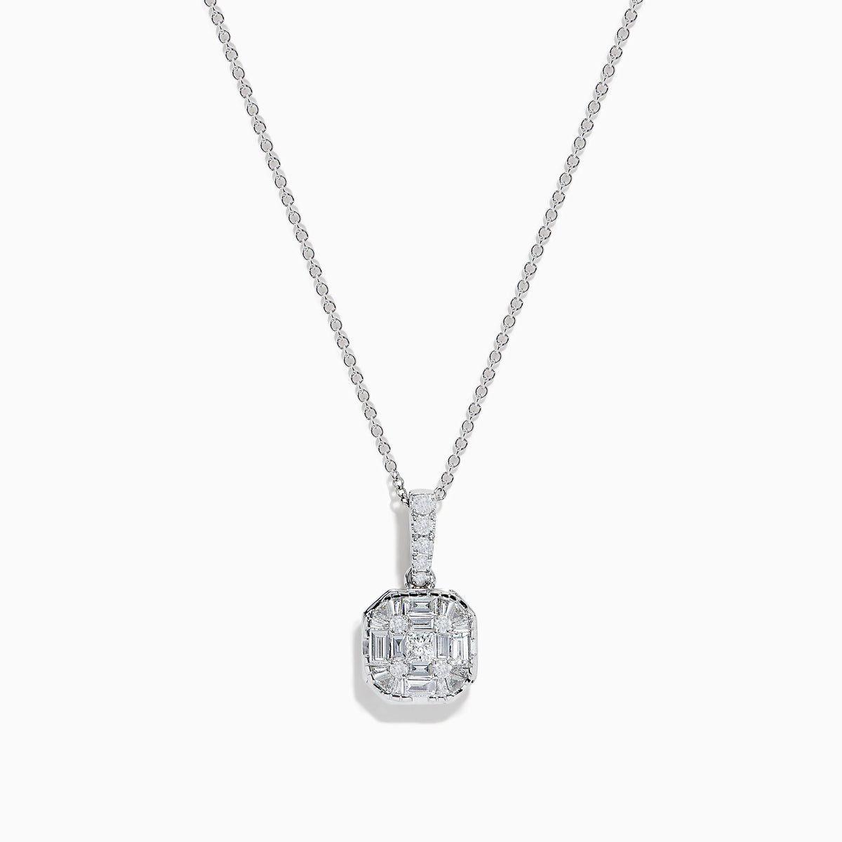 The Classique 14K White Gold Pendant features a square-shaped diamond on a thin silver chain, with smaller diamonds on the bale, all crafted in 14K white gold and displayed against a white background.