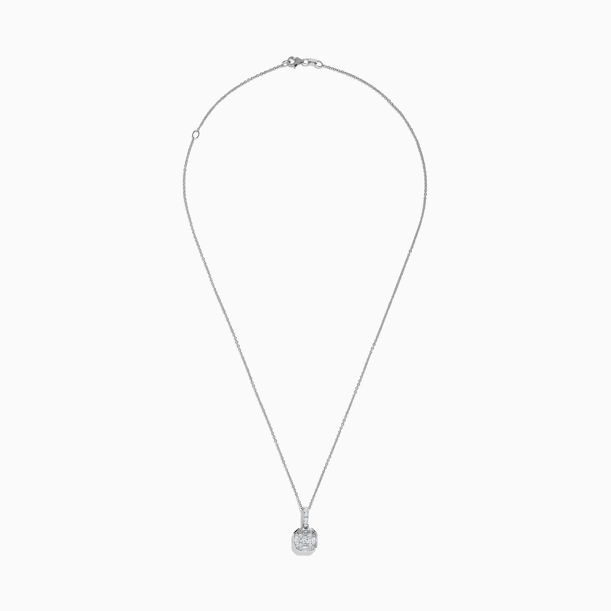 The Classique 14K White Gold Pendant features a square-shaped diamond on a thin silver chain, with smaller diamonds on the bale, all crafted in 14K white gold and displayed against a white background.