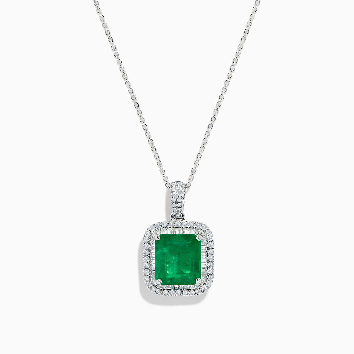 The Brasilica 14K White Gold Emerald and Diamond Pendant is a silver necklace with a square emerald and diamond on a delicate white gold chain, shown against a white background.