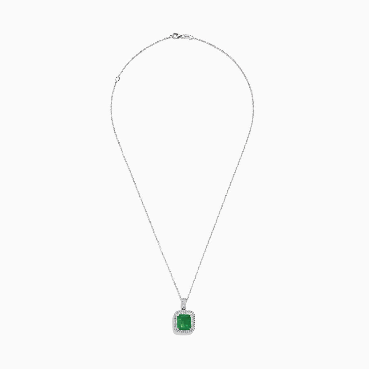 The Brasilica 14K White Gold Emerald and Diamond Pendant is a silver necklace with a square emerald and diamond on a delicate white gold chain, shown against a white background.