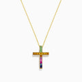 The Watercolors 14K Yellow Gold Multi Sapphire Cross Pendant features a yellow gold chain and a cross pendant adorned with multi sapphire gemstones in a gradient pattern, displayed on a plain white background.