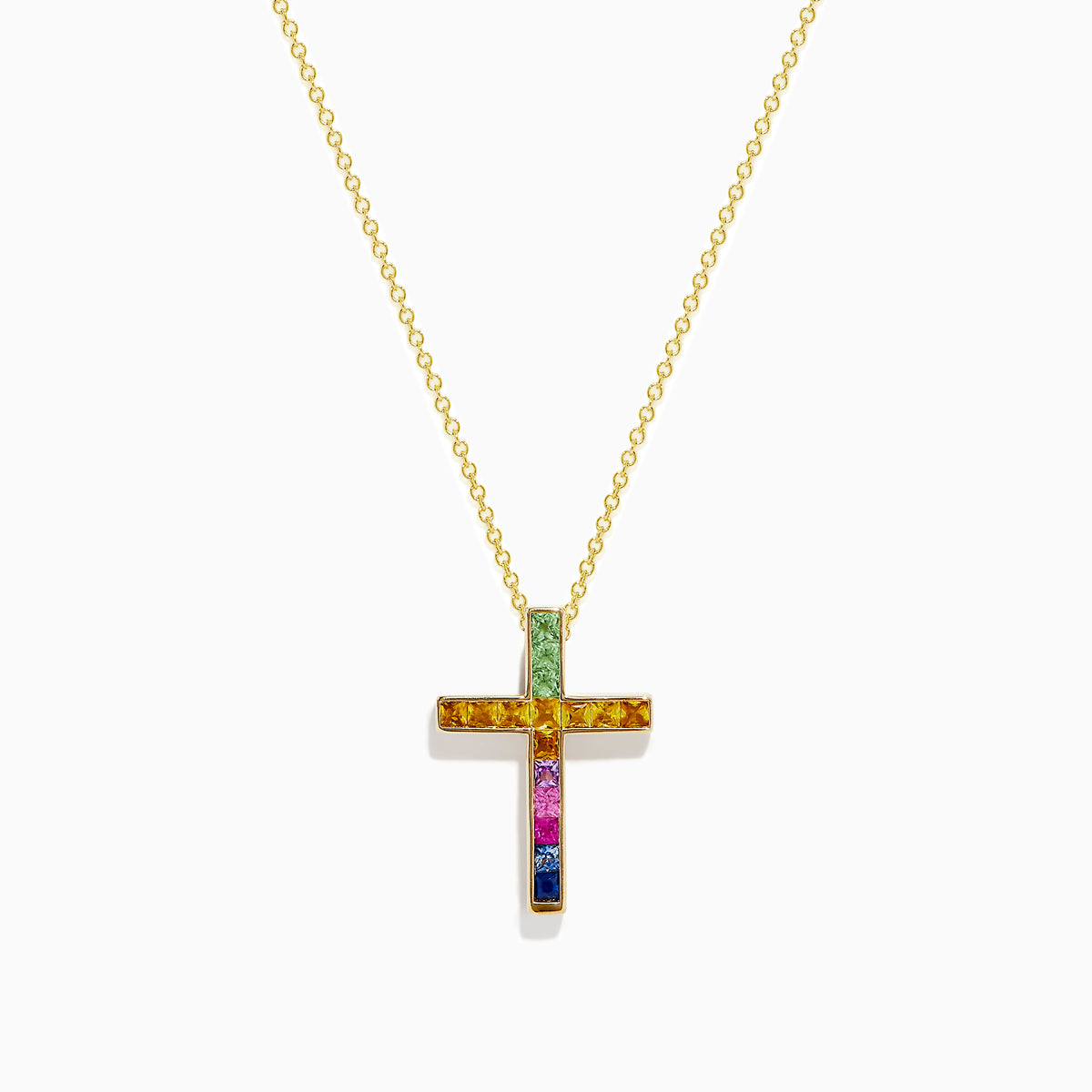 The Watercolors 14K Yellow Gold Multi Sapphire Cross Pendant features a yellow gold chain and a cross pendant adorned with multi sapphire gemstones in a gradient pattern, displayed on a plain white background.