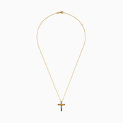 The Watercolors 14K Yellow Gold Multi Sapphire Cross Pendant features a yellow gold chain and a cross pendant adorned with multi sapphire gemstones in a gradient pattern, displayed on a plain white background.
