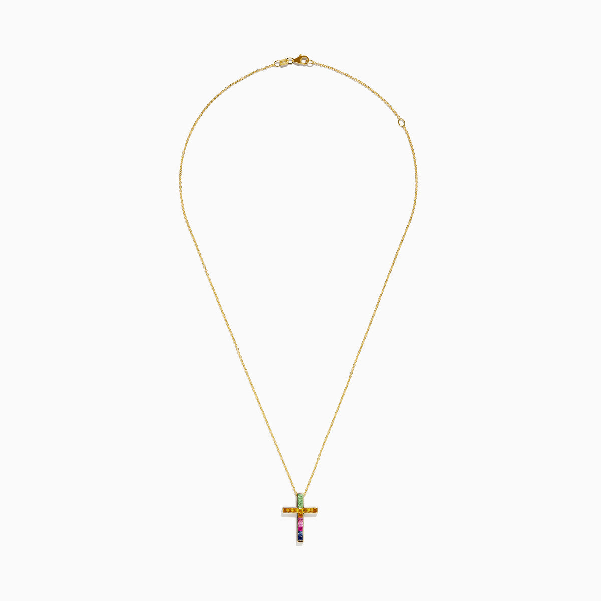 The Watercolors 14K Yellow Gold Multi Sapphire Cross Pendant features a yellow gold chain and a cross pendant adorned with multi sapphire gemstones in a gradient pattern, displayed on a plain white background.