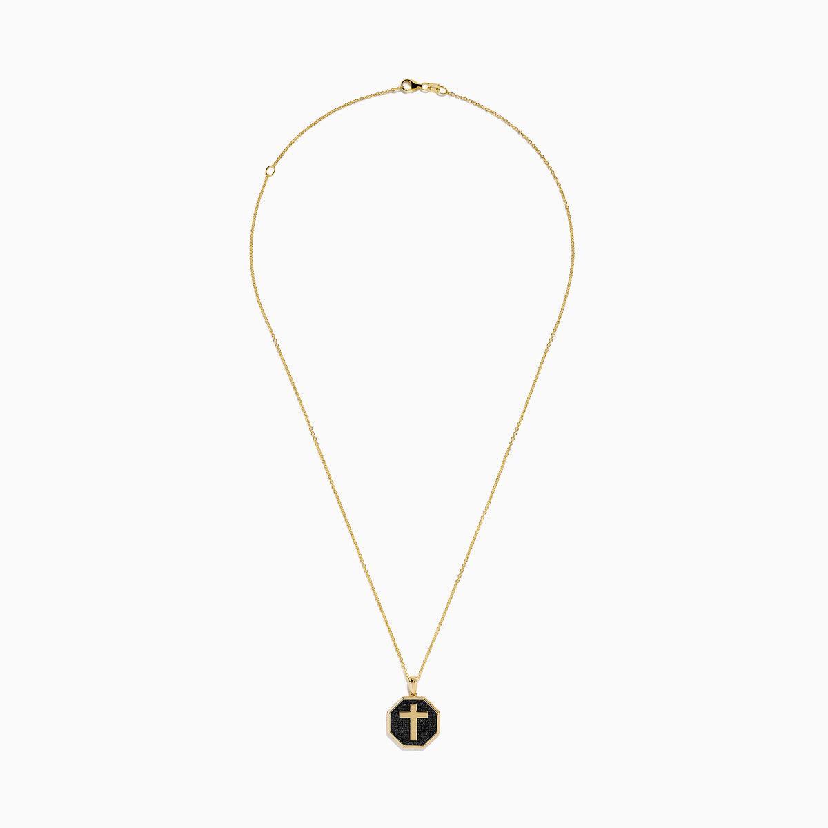 The 14K Yellow Gold Black Diamond Cross Pendant features an octagonal black diamond cross set in 14K yellow gold, shown against a white background.