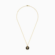 The 14K Yellow Gold Black Diamond Cross Pendant features an octagonal black diamond cross set in 14K yellow gold, shown against a white background.