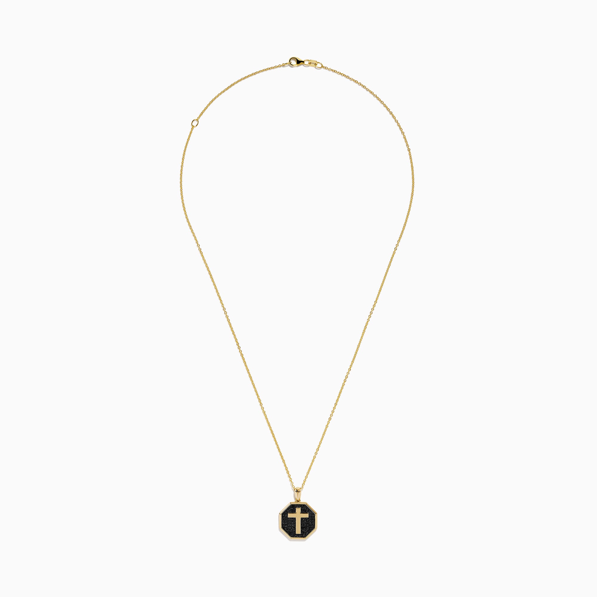 The 14K Yellow Gold Black Diamond Cross Pendant features an octagonal black diamond cross set in 14K yellow gold, shown against a white background.