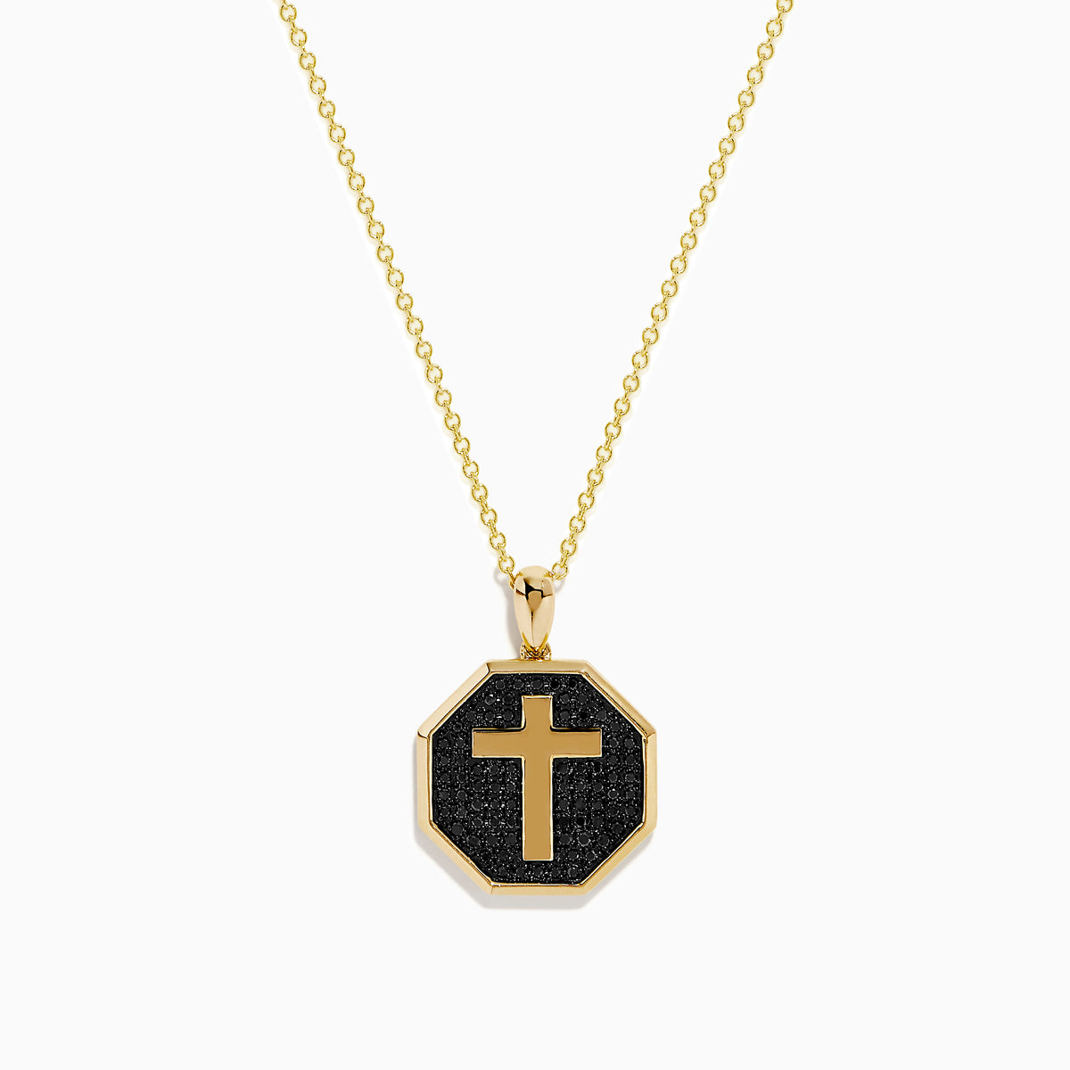 The 14K Yellow Gold Black Diamond Cross Pendant features an octagonal black diamond cross set in 14K yellow gold, shown against a white background.