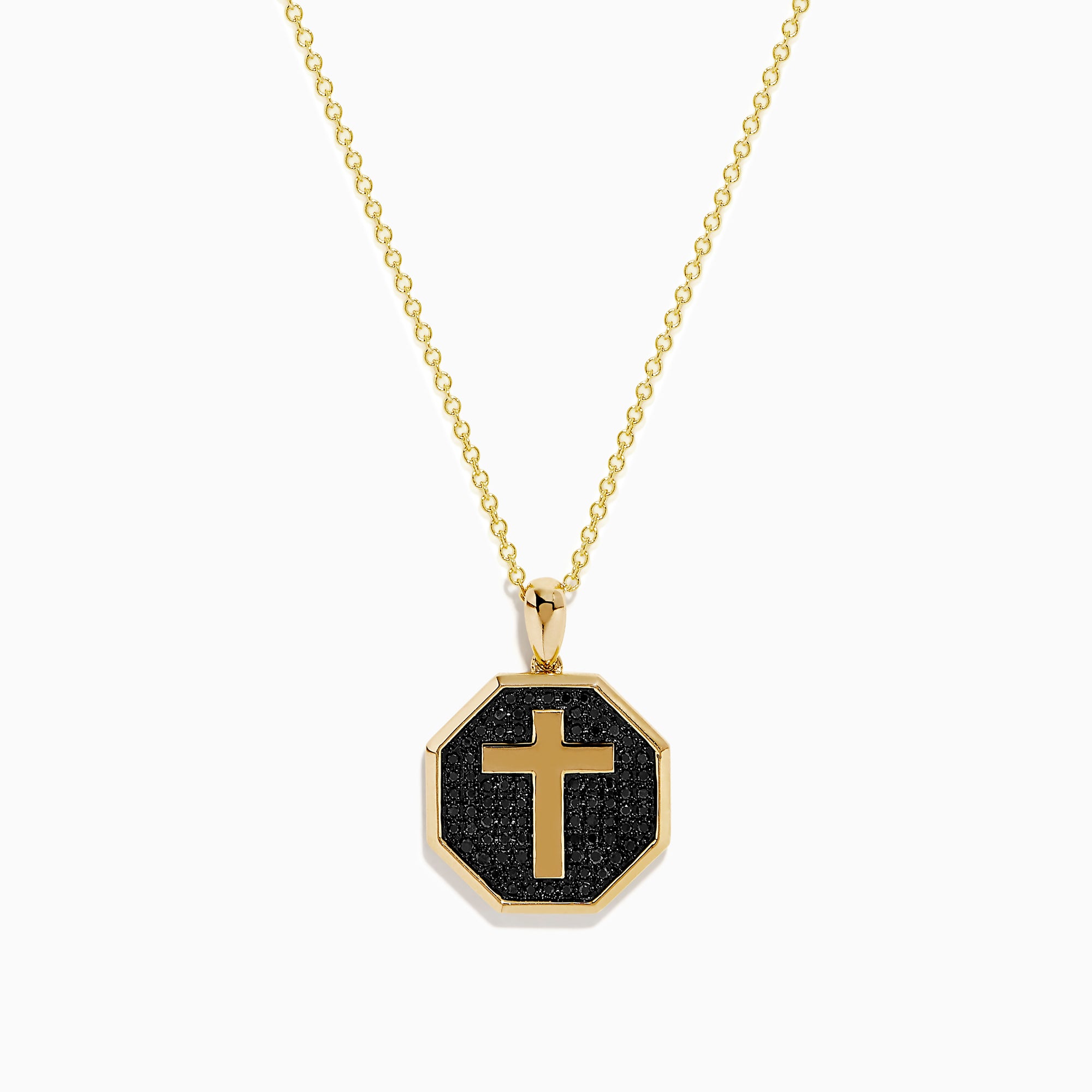 The 14K Yellow Gold Black Diamond Cross Pendant features an octagonal black diamond cross set in 14K yellow gold, shown against a white background.