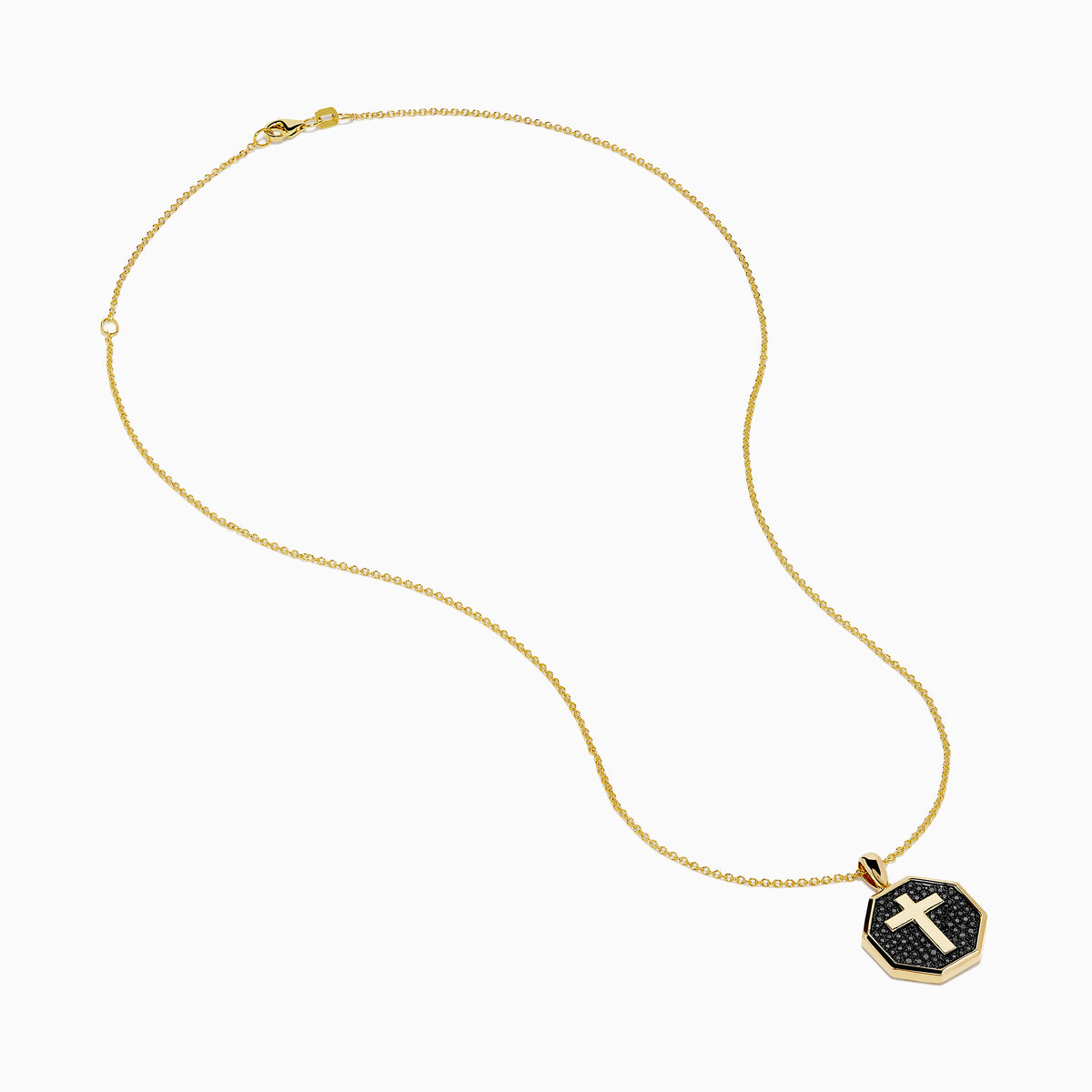The 14K Yellow Gold Black Diamond Cross Pendant features an octagonal black diamond cross set in 14K yellow gold, shown against a white background.