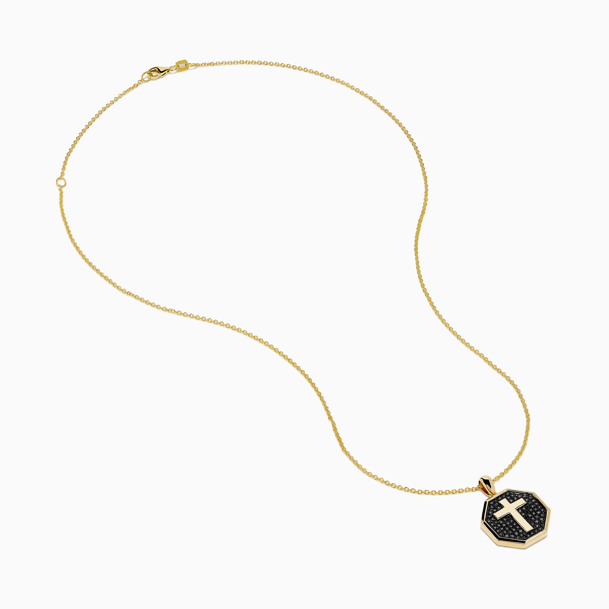 The 14K Yellow Gold Black Diamond Cross Pendant features an octagonal black diamond cross set in 14K yellow gold, shown against a white background.