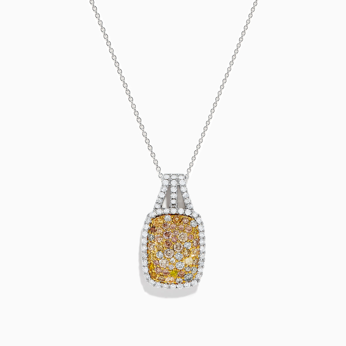 The Canare 14K 2-Tone Gold Pendant features a cushion-shaped cluster of yellow and white diamonds bordered by white diamonds, hanging from a thin chain.