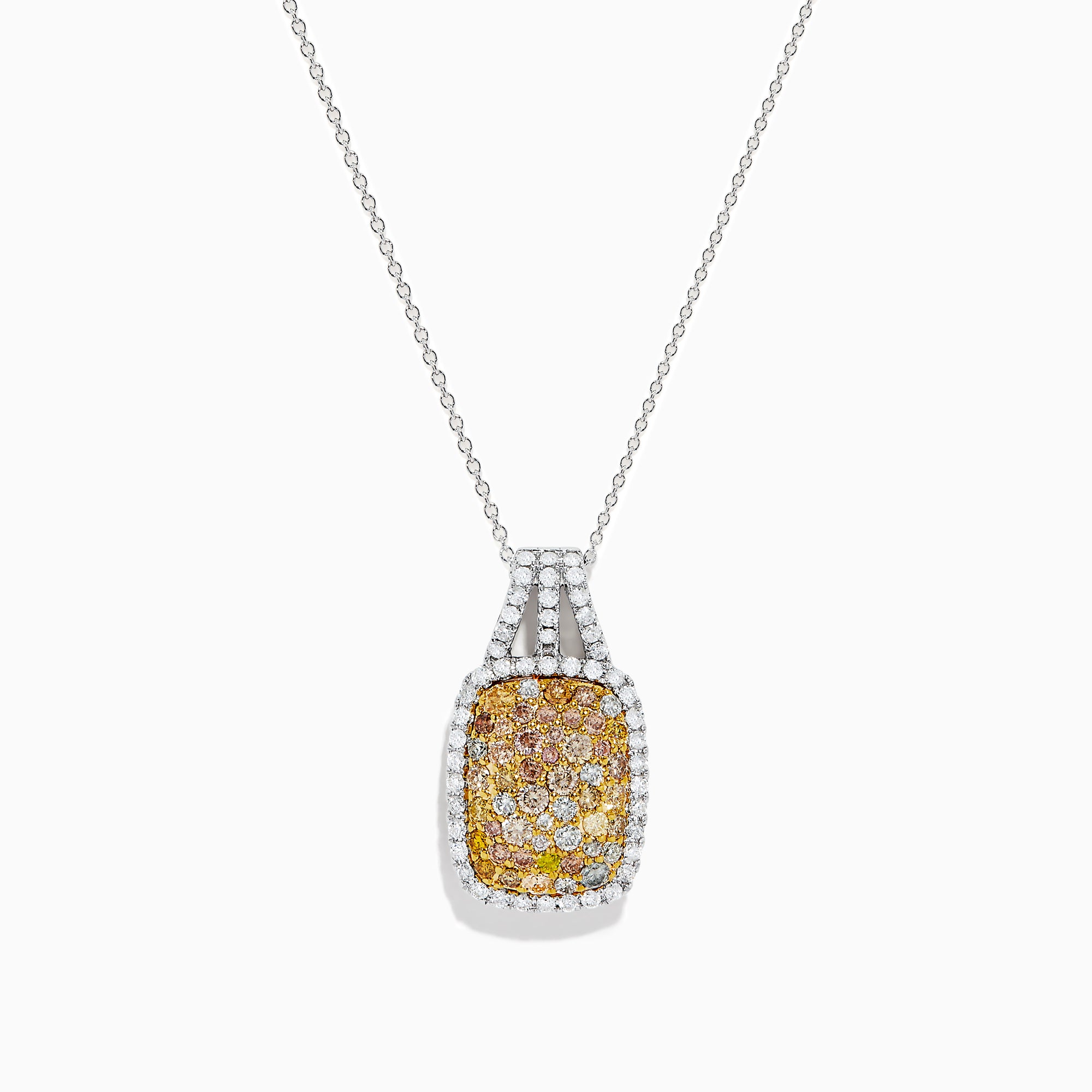 The Canare 14K 2-Tone Gold Pendant features a cushion-shaped cluster of yellow and white diamonds bordered by white diamonds, hanging from a thin chain.