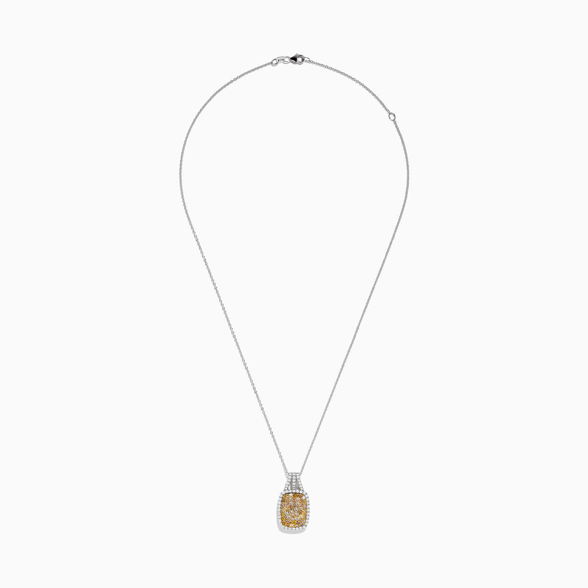 The Canare 14K 2-Tone Gold Pendant features a cushion-shaped cluster of yellow and white diamonds bordered by white diamonds, hanging from a thin chain.