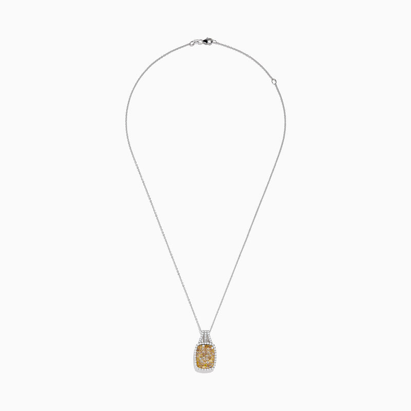 The Canare 14K 2-Tone Gold Pendant features a cushion-shaped cluster of yellow and white diamonds bordered by white diamonds, hanging from a thin chain.