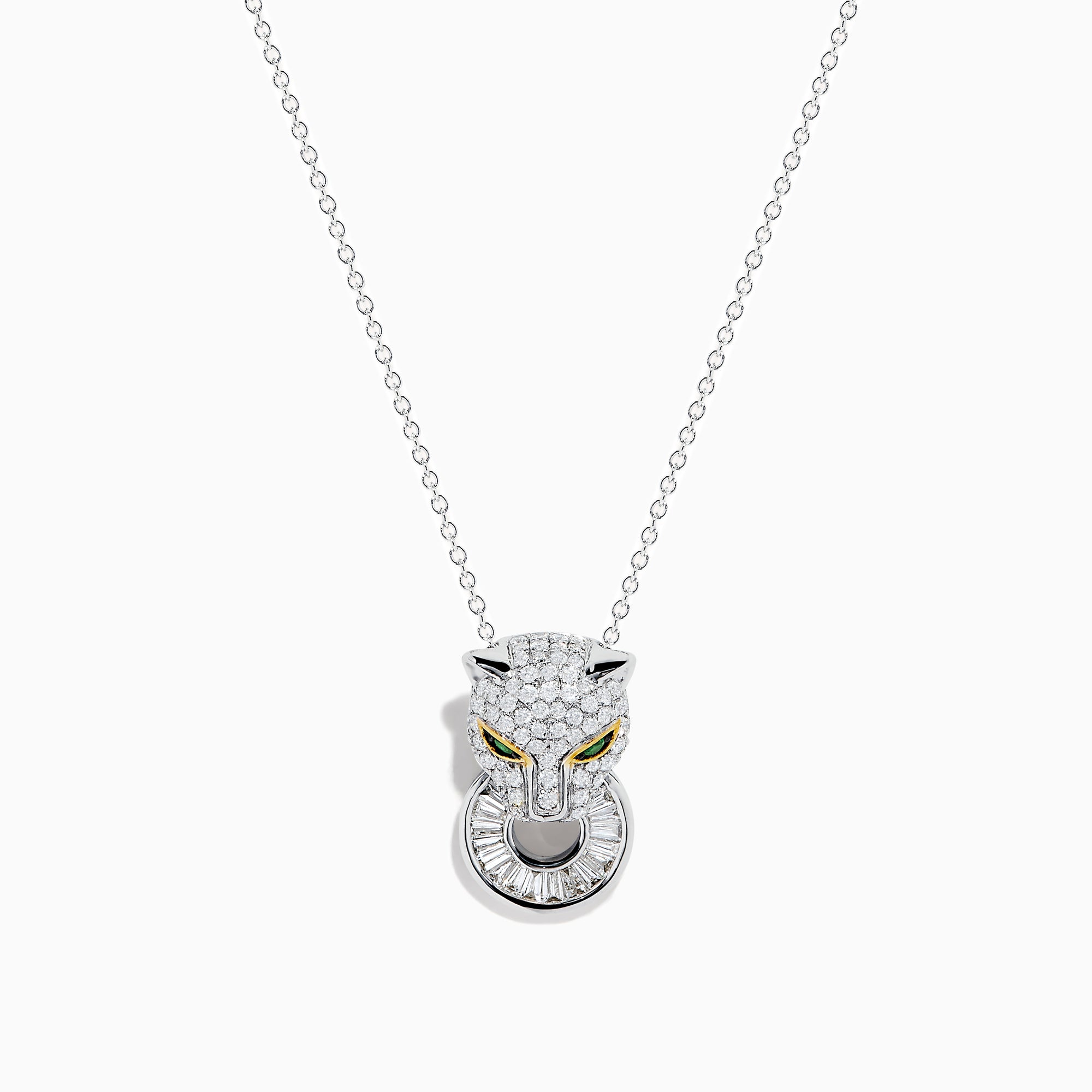 The Signature 14K White Gold Diamond and Emerald Panther Pendant features a panther head encrusted with diamond-like gems, yellow gemstone eyes, and a ring in its mouth, hanging from a delicate white gold chain.
