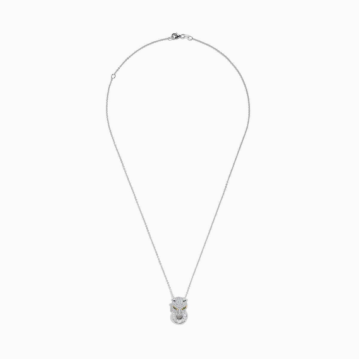 The Signature 14K White Gold Diamond and Emerald Panther Pendant features a panther head encrusted with diamond-like gems, yellow gemstone eyes, and a ring in its mouth, hanging from a delicate white gold chain.