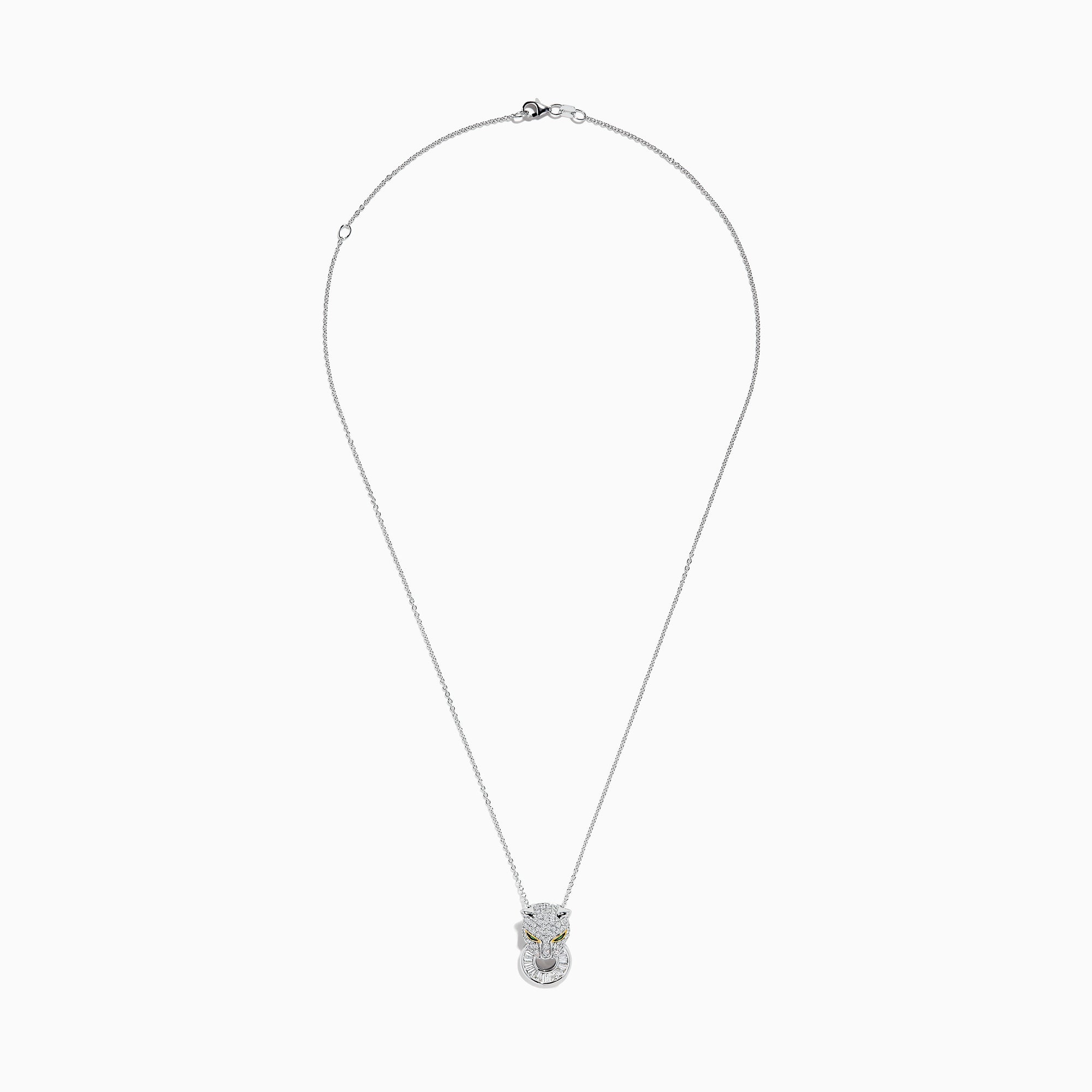 The Signature 14K White Gold Diamond and Emerald Panther Pendant features a panther head encrusted with diamond-like gems, yellow gemstone eyes, and a ring in its mouth, hanging from a delicate white gold chain.