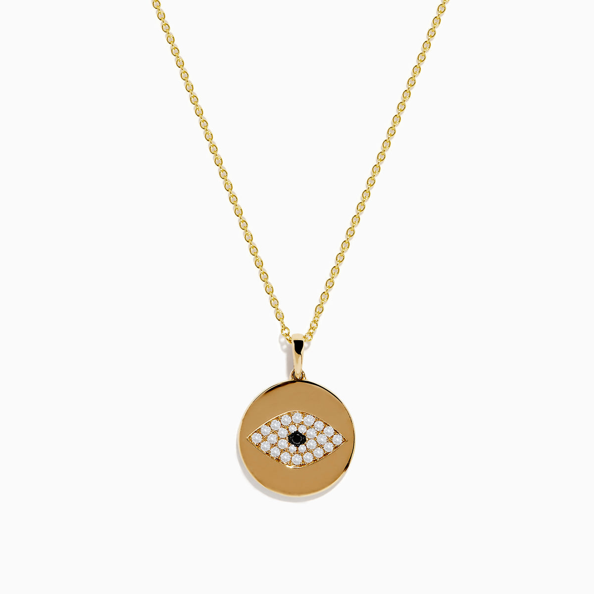 The Novelty 14K Yellow Gold Diamond Evil Eye Disk Pendant features a round design with white and black stones forming the eye, delicately hanging from a gold chain.