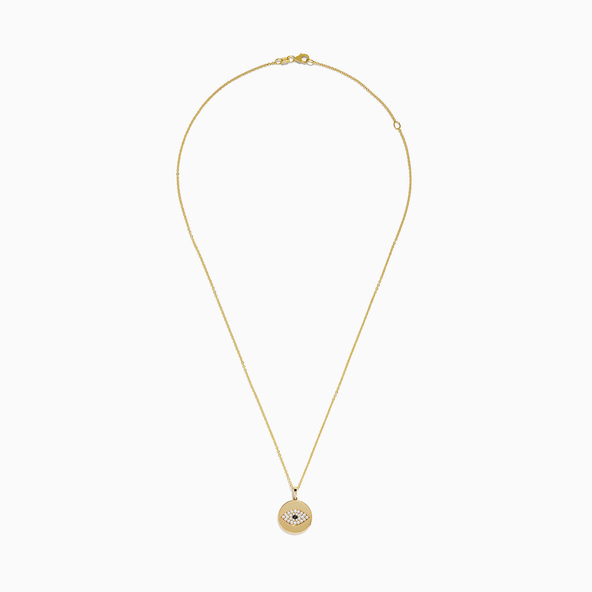 The Novelty 14K Yellow Gold Diamond Evil Eye Disk Pendant features a round design with white and black stones forming the eye, delicately hanging from a gold chain.