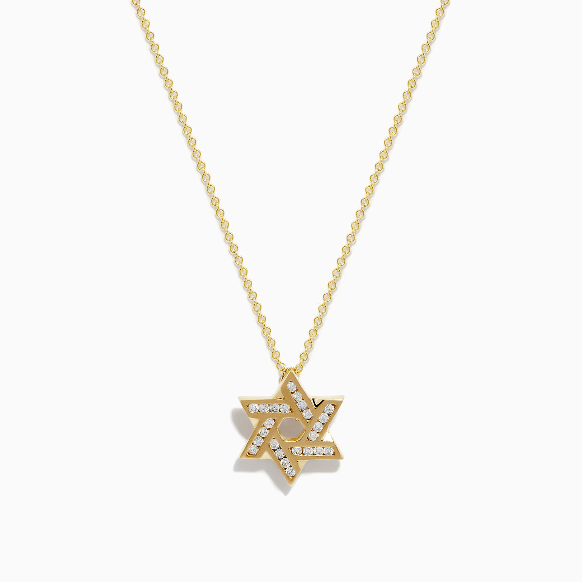 The Doro 14K Yellow Gold Diamond Star of David Pendant features a geometric design with sparkling diamonds along its lines, shown against a white background for an elegant and timeless look.