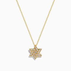 The Doro 14K Yellow Gold Diamond Star of David Pendant features a geometric design with sparkling diamonds along its lines, shown against a white background for an elegant and timeless look.
