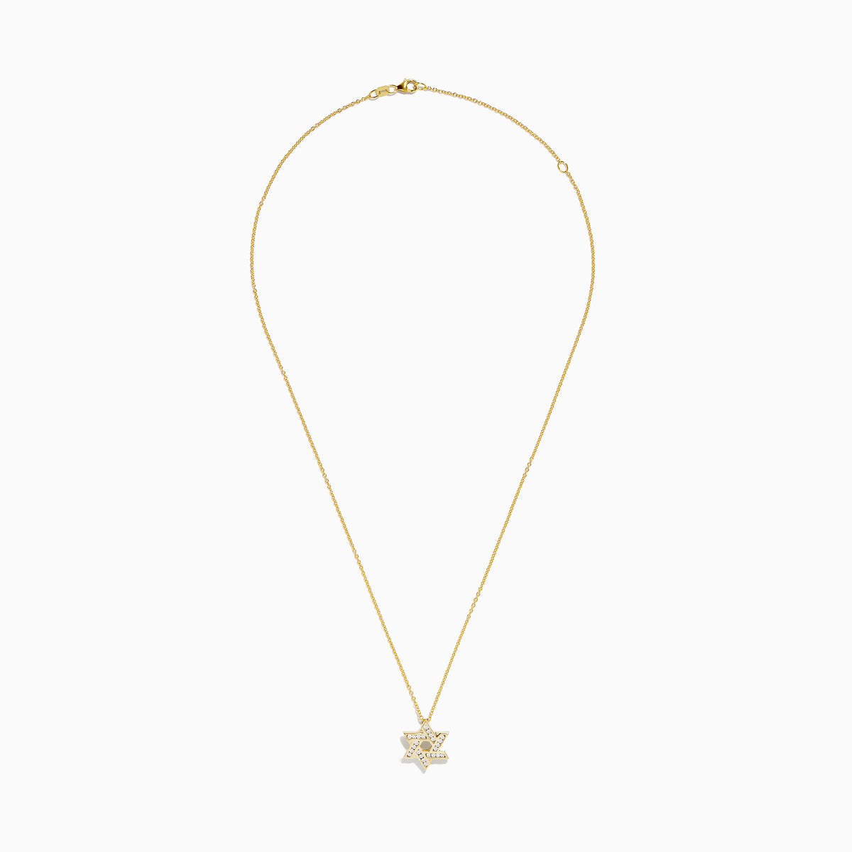 The Doro 14K Yellow Gold Diamond Star of David Pendant features a geometric design with sparkling diamonds along its lines, shown against a white background for an elegant and timeless look.