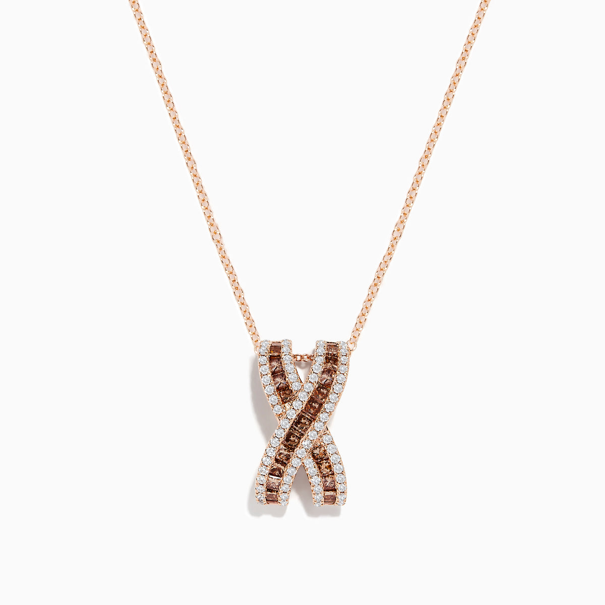 The 14K Rose Gold Brown and White Diamond Pendant features an “X”-shaped design with intertwined rows of brown and white diamonds, suspended from a delicate chain.