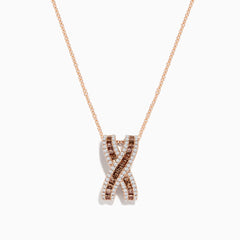 The 14K Rose Gold Brown and White Diamond Pendant features an “X”-shaped design with intertwined rows of brown and white diamonds, suspended from a delicate chain.