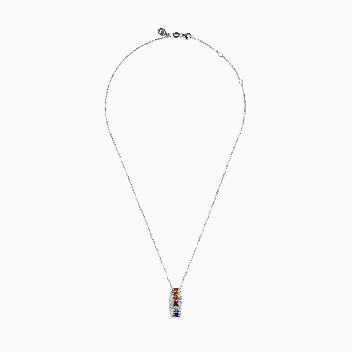 The Watercolors 14K White Gold Multi Sapphire and Diamond Bar Pendant showcases vibrant sapphires set in a vertical bar, accented by sparkling diamonds.
