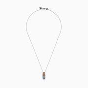 The Watercolors 14K White Gold Multi Sapphire and Diamond Bar Pendant showcases vibrant sapphires set in a vertical bar, accented by sparkling diamonds.