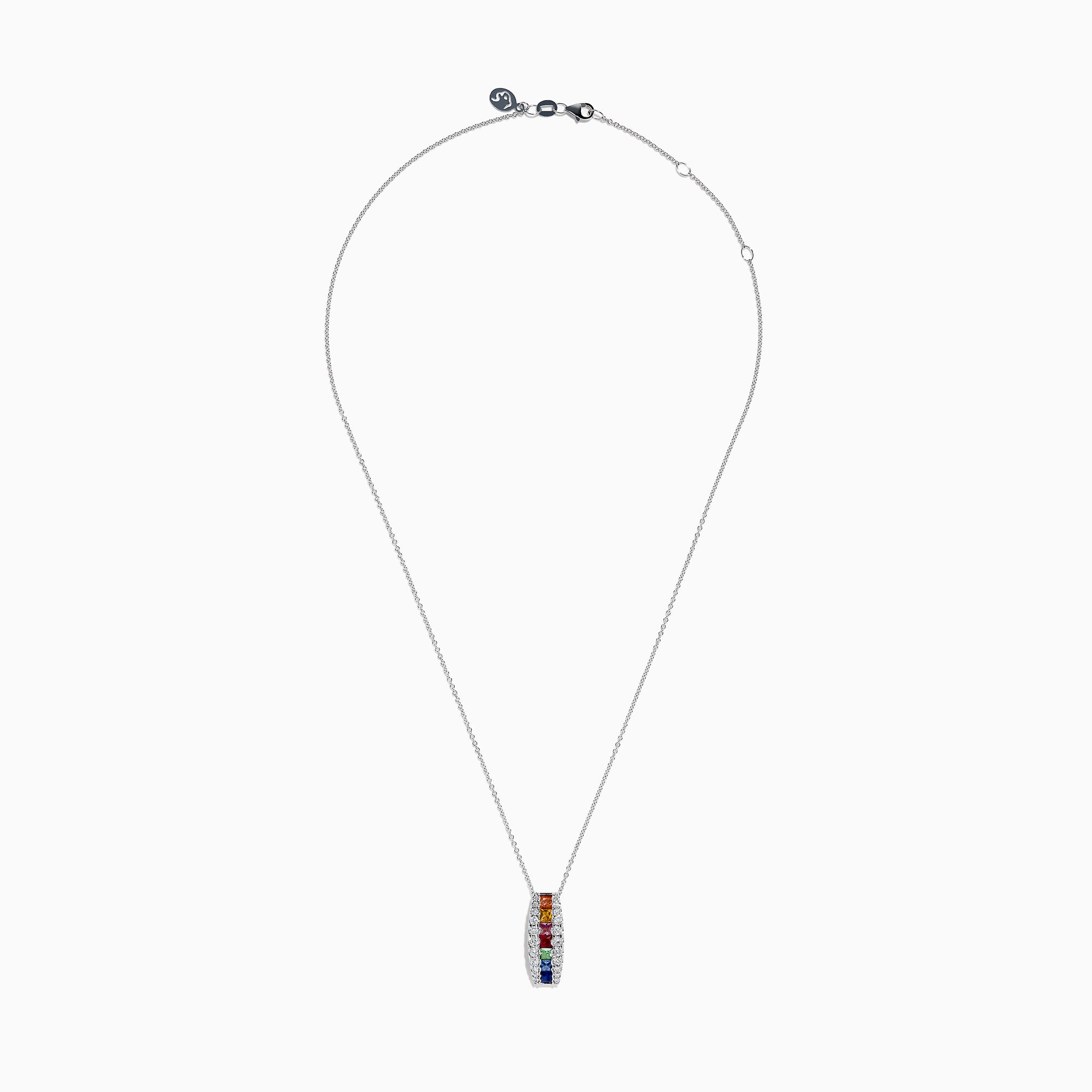 The Watercolors 14K White Gold Multi Sapphire and Diamond Bar Pendant showcases vibrant sapphires set in a vertical bar, accented by sparkling diamonds.