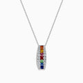 The Watercolors 14K White Gold Multi Sapphire and Diamond Bar Pendant showcases vibrant sapphires set in a vertical bar, accented by sparkling diamonds.