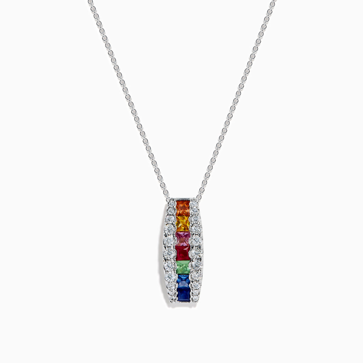 The Watercolors 14K White Gold Multi Sapphire and Diamond Bar Pendant showcases vibrant sapphires set in a vertical bar, accented by sparkling diamonds.