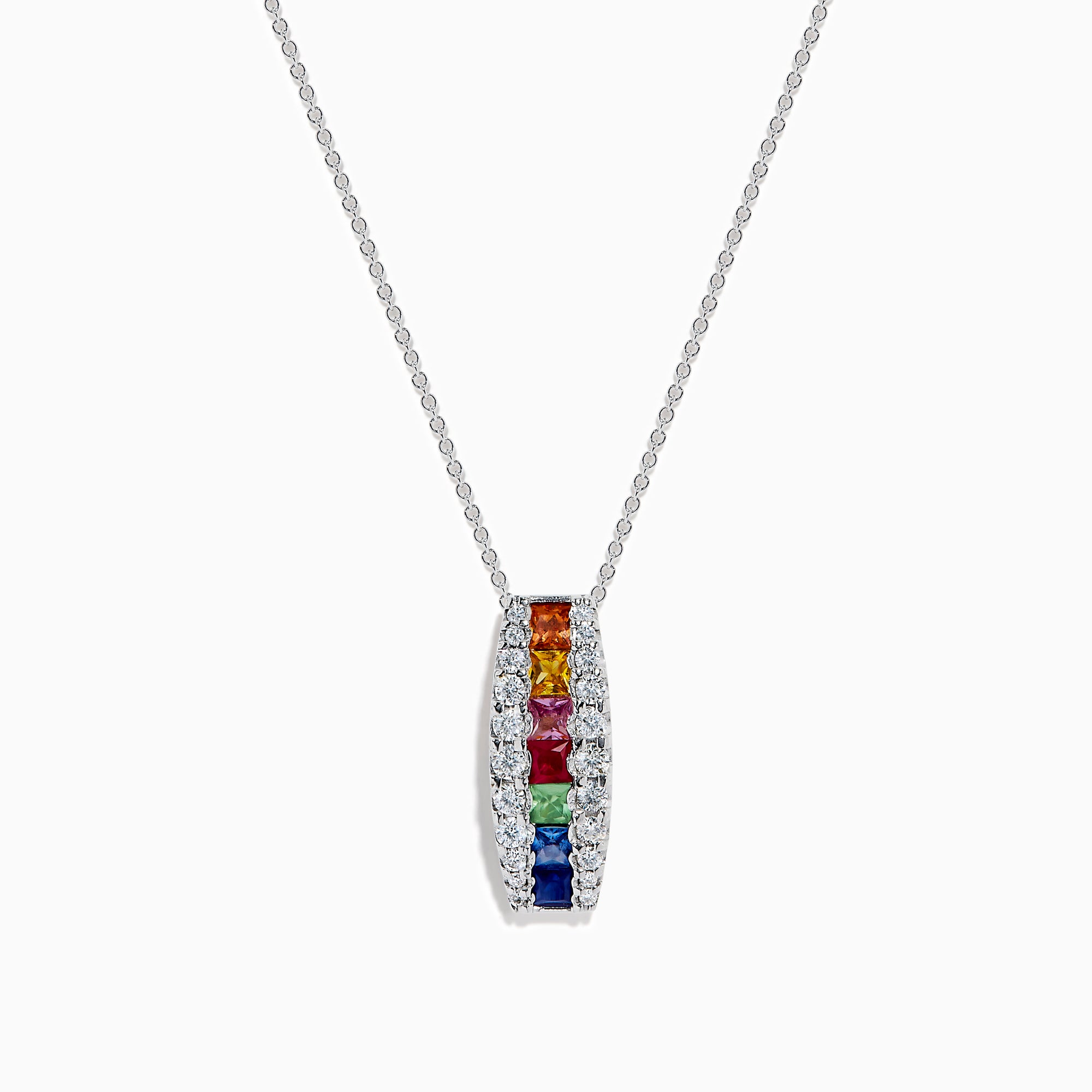 The Watercolors 14K White Gold Multi Sapphire and Diamond Bar Pendant showcases vibrant sapphires set in a vertical bar, accented by sparkling diamonds.
