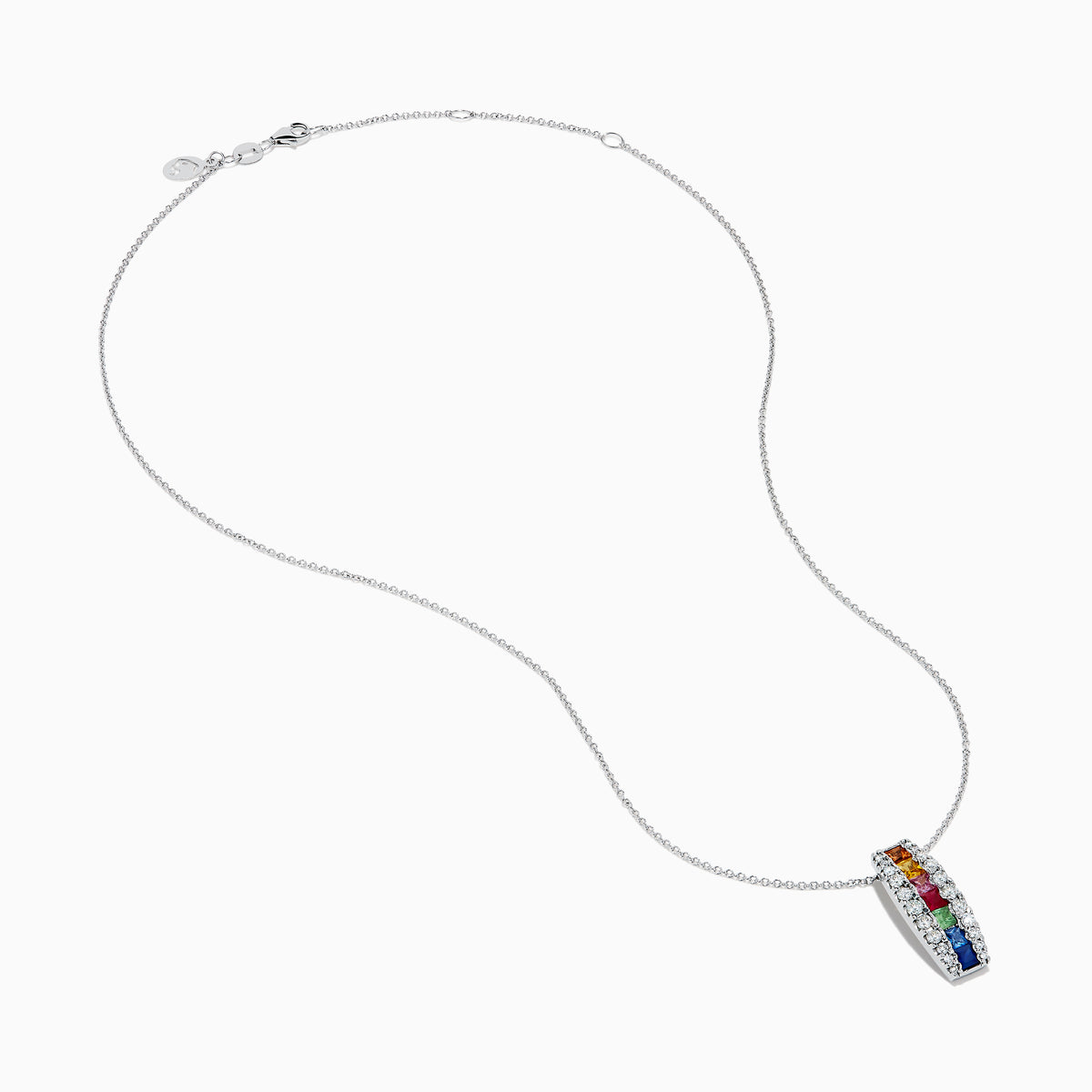 The Watercolors 14K White Gold Multi Sapphire and Diamond Bar Pendant showcases vibrant sapphires set in a vertical bar, accented by sparkling diamonds.