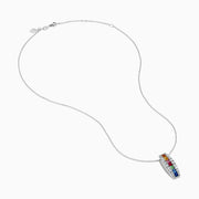 The Watercolors 14K White Gold Multi Sapphire and Diamond Bar Pendant showcases vibrant sapphires set in a vertical bar, accented by sparkling diamonds.