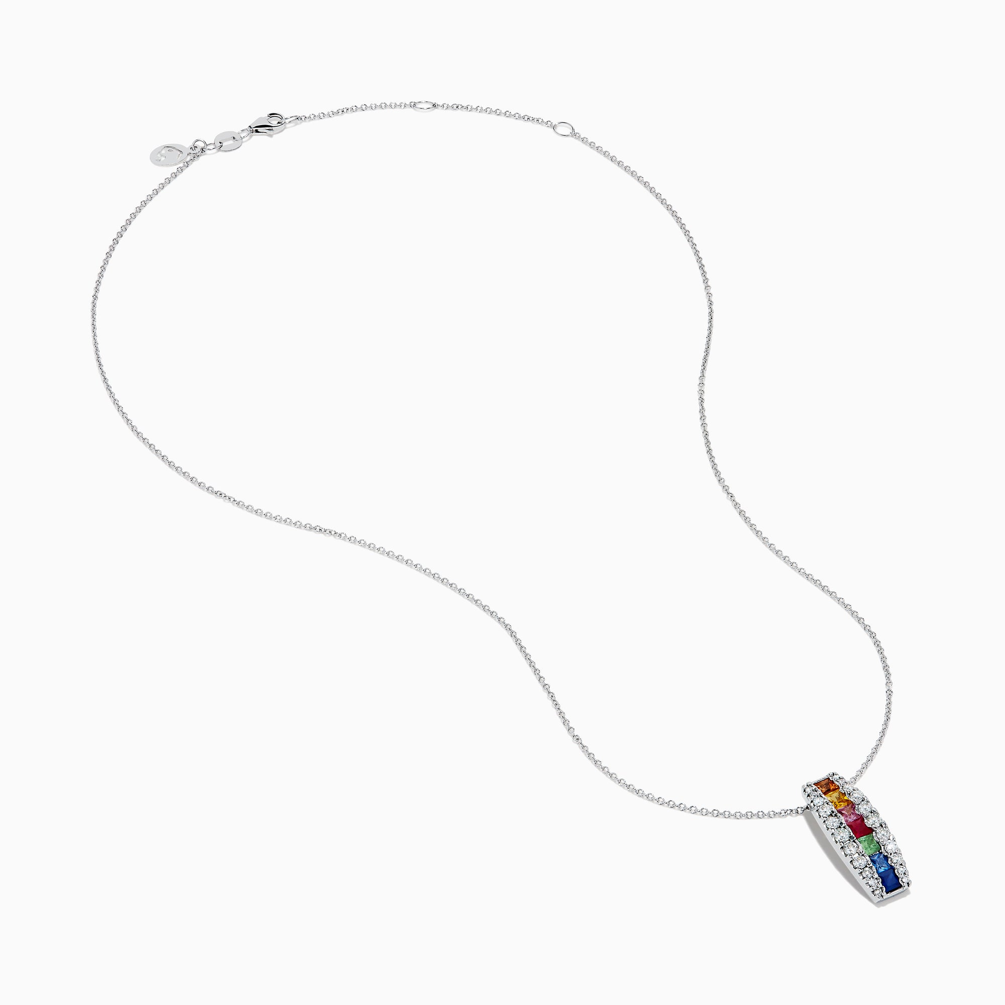 The Watercolors 14K White Gold Multi Sapphire and Diamond Bar Pendant showcases vibrant sapphires set in a vertical bar, accented by sparkling diamonds.