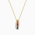 Watercolors 14K Yellow Gold Multi Sapphire and Diamond Pendant features a vertical row of sapphires bordered by two rows of diamonds, creating a vibrant and elegant look.