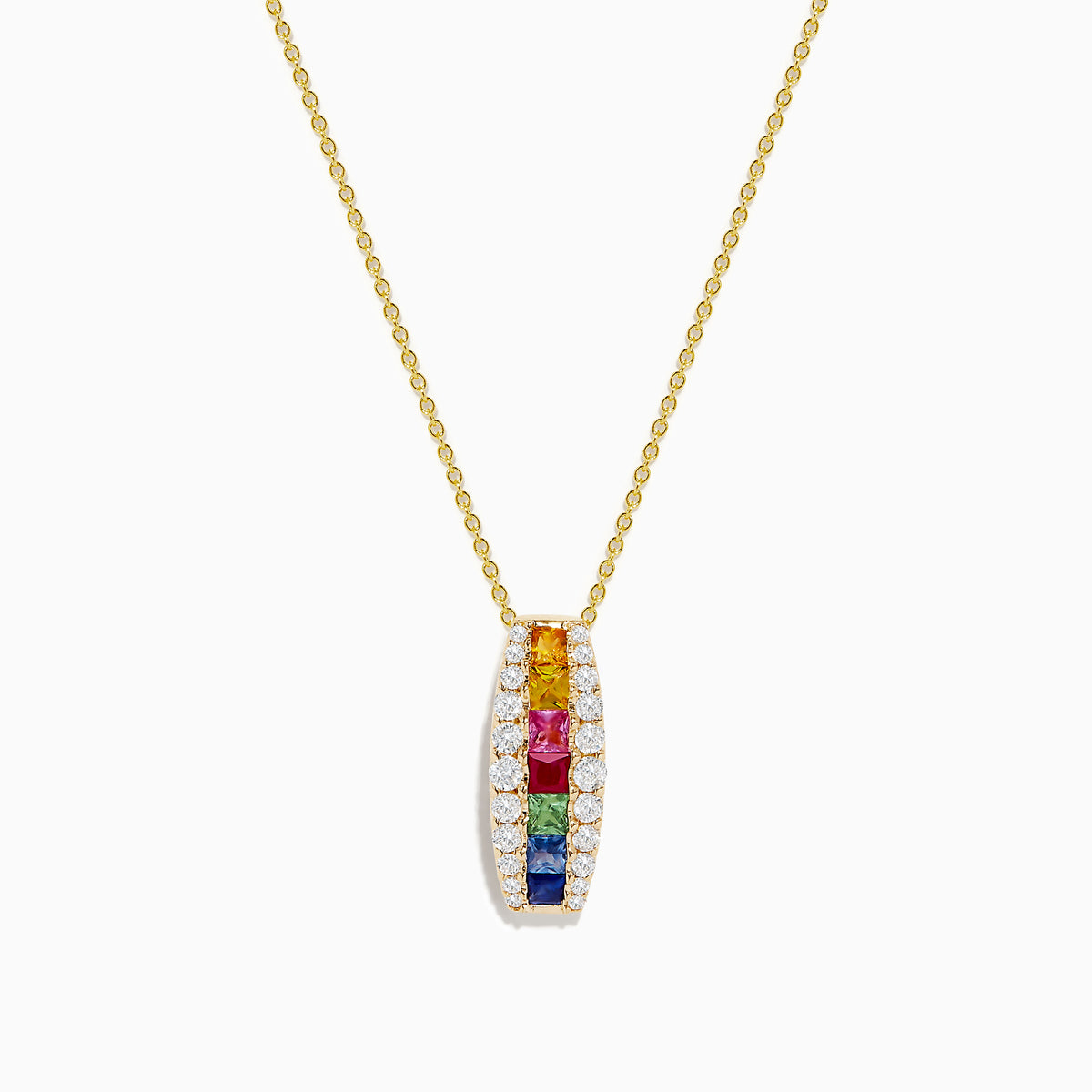 Watercolors 14K Yellow Gold Multi Sapphire and Diamond Pendant features a vertical row of sapphires bordered by two rows of diamonds, creating a vibrant and elegant look.