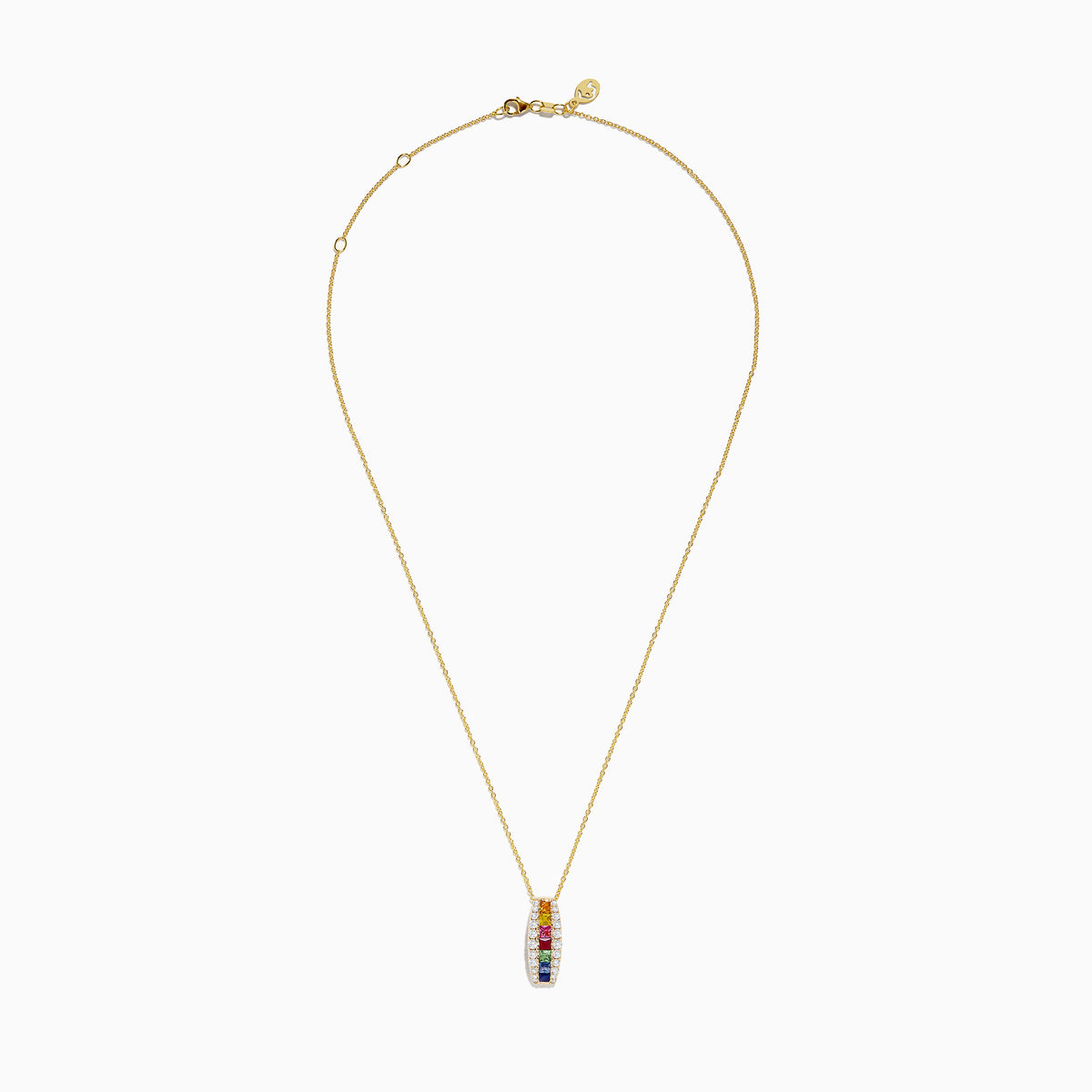 Watercolors 14K Yellow Gold Multi Sapphire and Diamond Pendant features a vertical row of sapphires bordered by two rows of diamonds, creating a vibrant and elegant look.