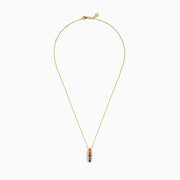 Watercolors 14K Yellow Gold Multi Sapphire and Diamond Pendant features a vertical row of sapphires bordered by two rows of diamonds, creating a vibrant and elegant look.