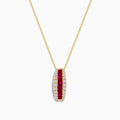 The Ruby Royale 14K Yellow Gold Ruby and Diamond Pendant features a gold chain necklace with a vertical pendant set with a central row of rubies and two rows of sparkling diamonds.