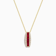 The Ruby Royale 14K Yellow Gold Ruby and Diamond Pendant features a gold chain necklace with a vertical pendant set with a central row of rubies and two rows of sparkling diamonds.
