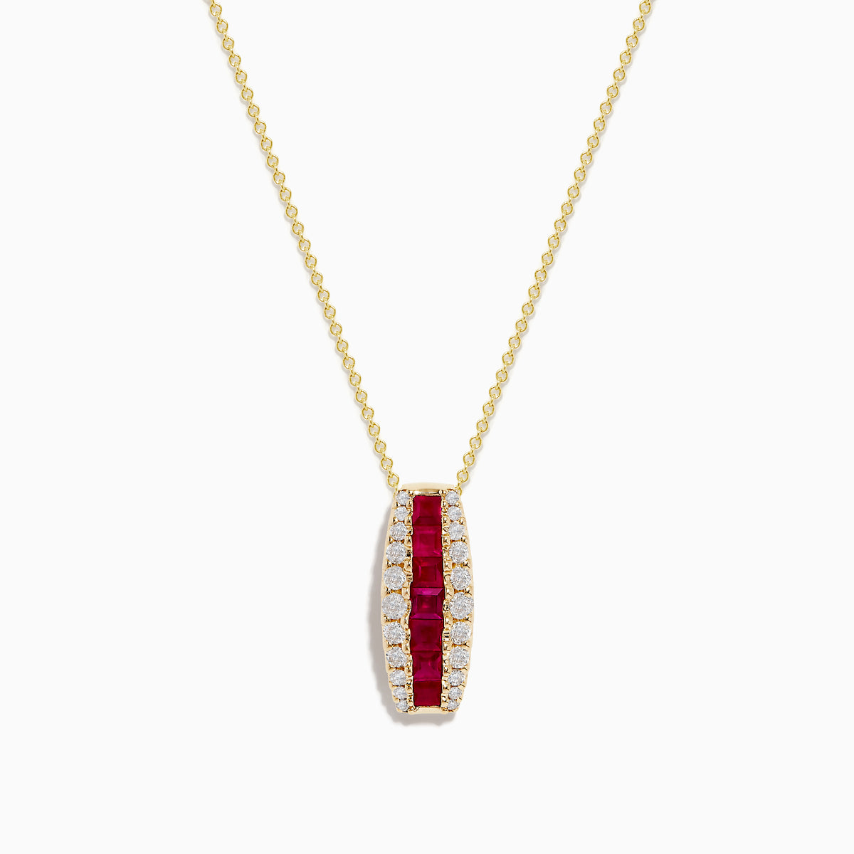 The Ruby Royale 14K Yellow Gold Ruby and Diamond Pendant features a gold chain necklace with a vertical pendant set with a central row of rubies and two rows of sparkling diamonds.