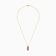 The Ruby Royale 14K Yellow Gold Ruby and Diamond Pendant features a gold chain necklace with a vertical pendant set with a central row of rubies and two rows of sparkling diamonds.